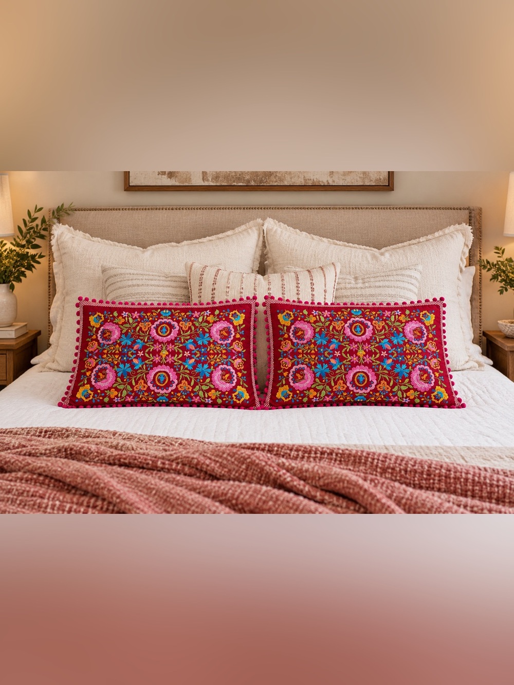 Anthro PIP studio Embroidered Wool Floral Decorative Pillow covers Pair in Red
